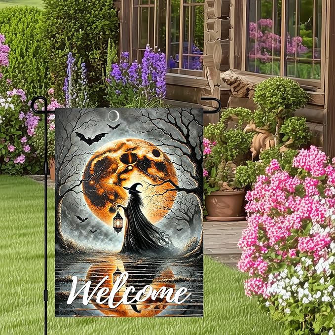 Halloween Garden Flag 12x18 Inch Witch Welcome Spooky Flag Full Moon Bats Haunted Outdoor Yard Decor House Banner Porch Lawn Patio Home Decoration