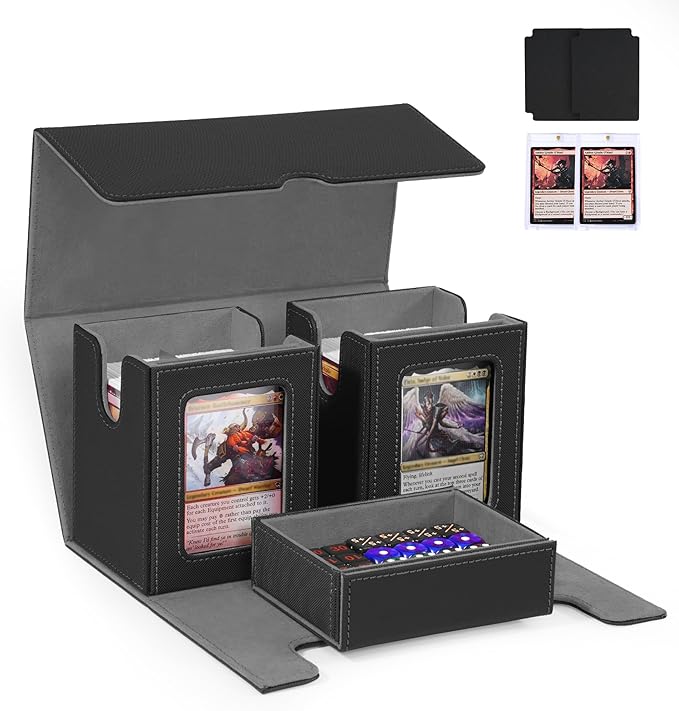 Trading Card Deck Box with Commander Display，3 in 1 MTG Storage Holds 200 Double-Sleeved Cards，2 Deck Boxes & Dice Tray Included，Fits MTG, TCG, PTCG & Sports Cards