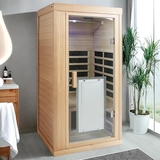 Infrared Sauna for Home One Person Far Infrared Hemlock Standard Indoor Sauna Room with Bluetooth Audio, Reading Light, Natural