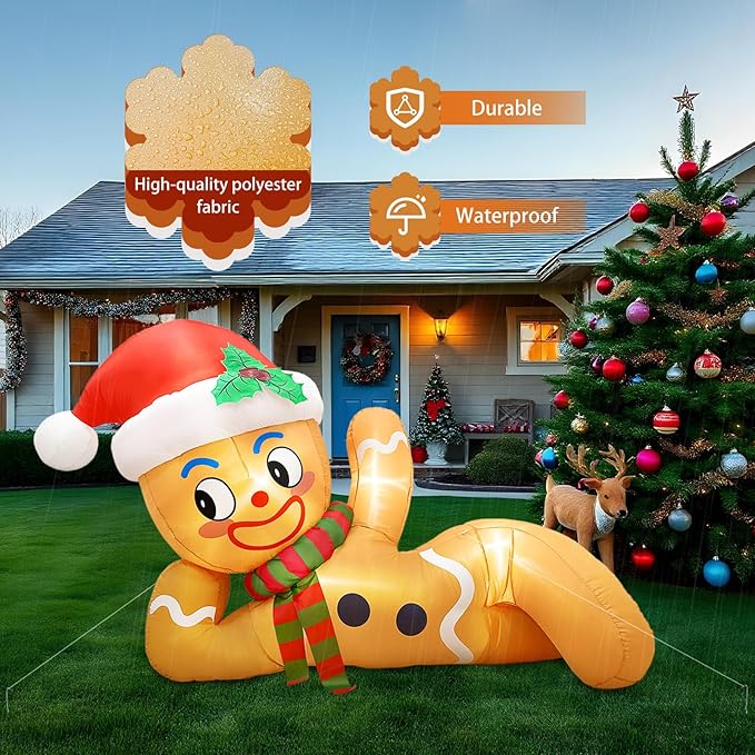 10 FT Christmas Inflatable Outdoor Decoration, Lying Gingerbread Inflatable Christmas Blow up Yard Decorations with LED Lights, Gingerbread Christmas Decoration Outdoor for Yard Garden Lawn