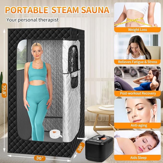 Portable Sauna Box, Steam Sauna for Home, Personal Sauna Tent Full Size for Fitness Gym Yoga Spa with Double Large Windows + 1200W 3L Steamer + Remote Control + Folding Chair, 3' x 3' x 5.9', Black