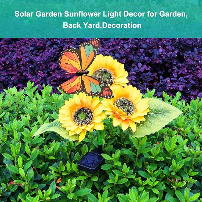 ANGMLN Solar Sunflower Outdoor Garden Lights, 2 Pack Solar Flower with Butterfly Waterproof Garden Decor, Gifts for Mom Grandma, Waterproof Decorative Lights for Pathways Patios and Yards Decorations