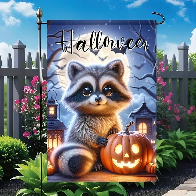 Welcome Halloween Garden Flag Fall Pumpkin Raccoon Garden Flag Vertical Double Sided 12 x 18 Inch Seasonal Autumn Thanksgiving Yard Outdoor Decoration