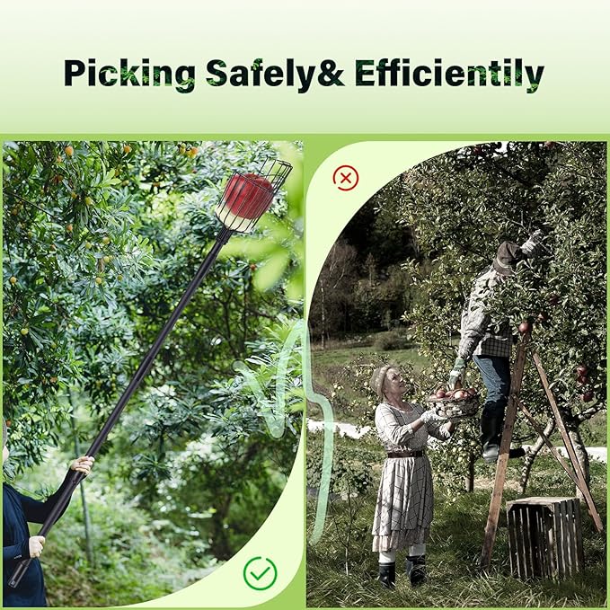 Fruit Picker Pole with Basket - 8.43FT(257CM) Adjustable Tree Gardening Supplies with Stainless Steel Handle Apple Picker Fruit Grabber Reach Tool for Mango Pear Orange Avocados Fruit Picking, Black