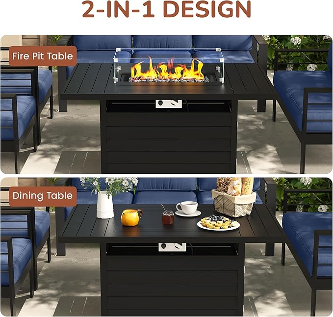 Solaste Aluminum Patio Furniture Set with Fire Pit Table, 5 Piece Metal Outdoor Furniture with Water-Resistant Cushions, Modern Patio Conversation Set for Balcony, Front Porch, and Backyard, Blue