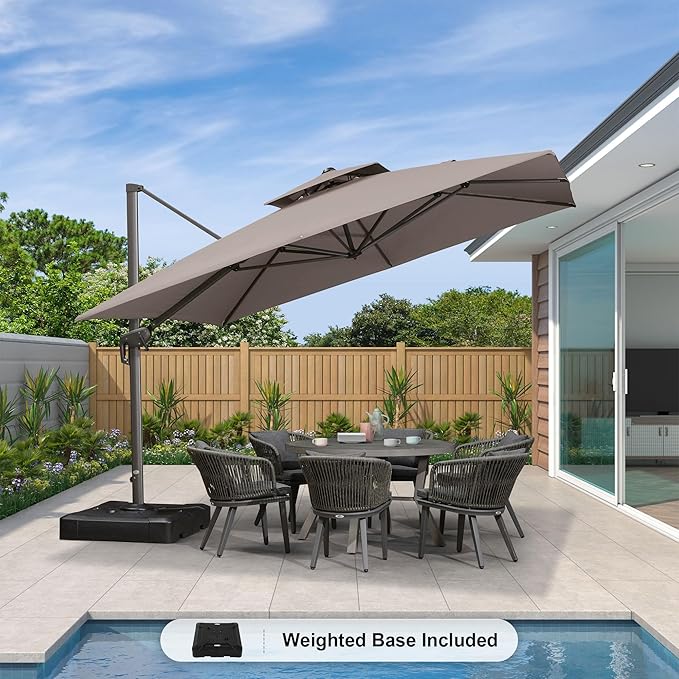 PURPLE LEAF 11 FT Cantilever Patio Umbrella Outdoor Umbrella with 280lbs Base Large Rectangular Windproof Offset Umbrella for Pool Deck Garden, Ash Mocha