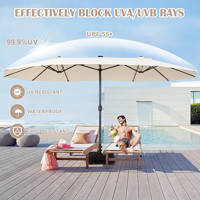 Sundale Outdoor Olefin 5-Year-Non-Fading 15 ft Patio Umbrella with Sand Bag Base and Cover, Large Outdoor Double-Sided Umbrella