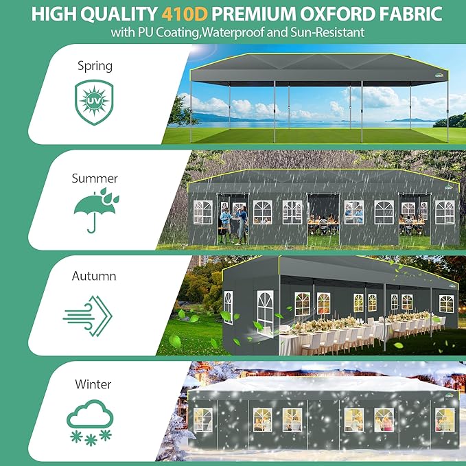 COBIZI 10x30 Pop Up Canopy Tent with Sidewalls One Push Outdoor Wedding Event Tent UPF 50+ Waterproof Gazebo with Air Vent, Tents for Party, Wheeled Bag, Sandbag, Stake, Rope, Grey