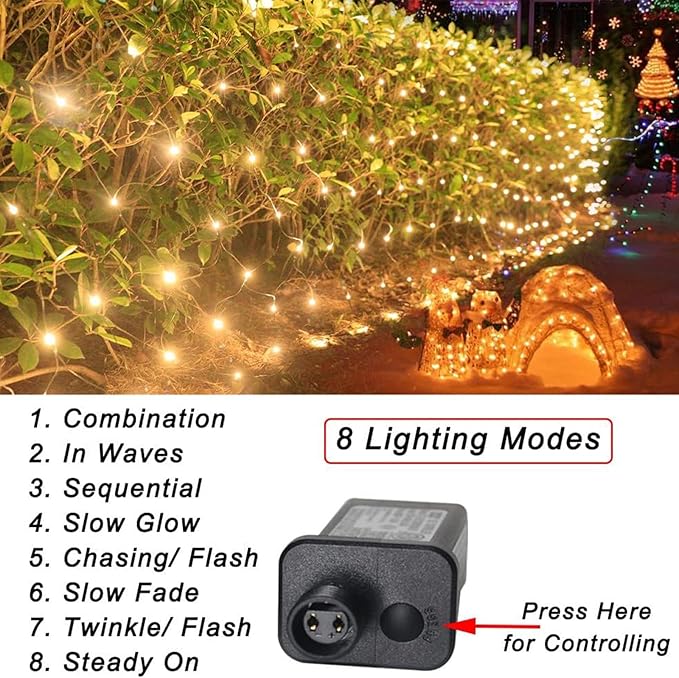 Warm White Net Lights Outdoor, 300 LED Christmas Net Mesh Lights for Bushes 15x5ft, 8 Modes Waterproof Twinkle String Light Connectable Plug in for Halloween Hedge Yard Garden Party Decor