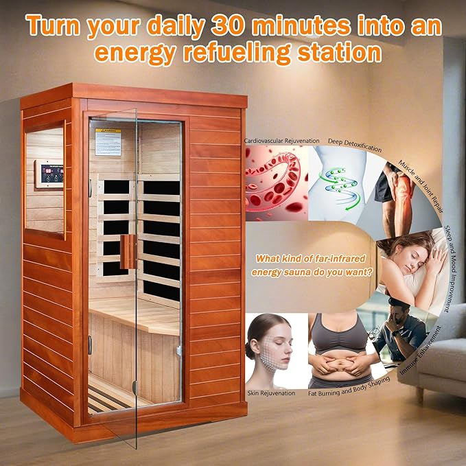 Far Infrared Saunas for Home Sauna Room Wood 800W Indoor Sauna Dry Sauna 110V with Control Panel and Tempered Glass Door, Bluetooth Speakers, Reading Lights and Circulation Vents - 35.2*27.6*61.6 IN