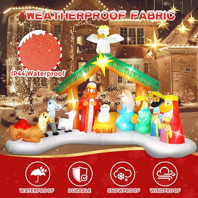 Elegear 12FT Christmas Inflatables Nativity Scene Outdoor Decorations, Giant Christmas Blow Ups Inflatables with Built-in LED Lights & Manger Scene, Large Nativity Set Outdoor for Yard Lawn Xmas Decor