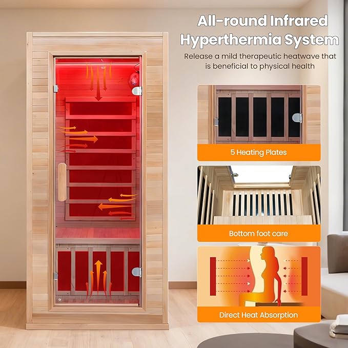 Far Infrared Sauna Home 1 Person, Sauna Spa Room Canadian Hemlock Wood 1340W 120V Low EMF with 7-Color Light Therapy, Control Panel, Bluetooth Speakers, Dual Tempered Glass Door