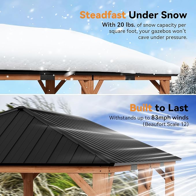 Modern Shade Tranquil Grove Wood Gazebo 12' x 20', Grill Gazebo with Galvanized Steel Roof, Mosquito Netting and Curtains, Permanent Hardtop Pavilion with Sturdy Hooks for Garden, Backyard