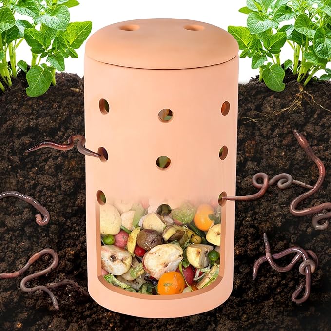 Underground Compost Bin 11Inch Garden Worm Farm Outdoor for Organic Refuse Red Pottery Ceramics Compost Bin with Holes and Lid Clay for Garden Vegetable Patch Backyard