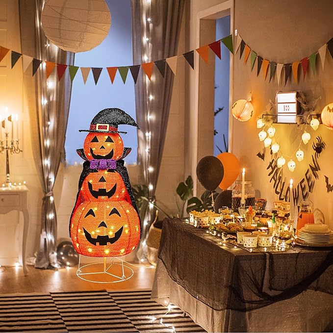 Lulu Home 3.5FT Light Up Halloween Decoration, 60 LED Collapsible Stacked Pumpkins with Vampire Cloak, Plug-in Pre-lit Jack-O-Lantern Front Door Porch Indoor Outdoor Decoration