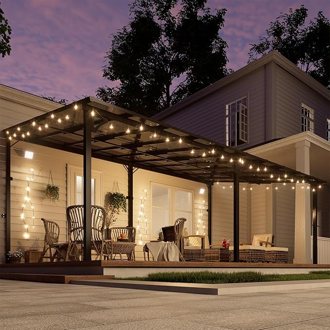 MEISSALIVVE 12' x 20' Wall Mounted Gazebo, Outdoor Pergola Gazebo, Lean to Metal Awnings Gazebos, Gazebo Pergola with Sloped Roof, Outdoor Patio Gazebo Awning, Black
