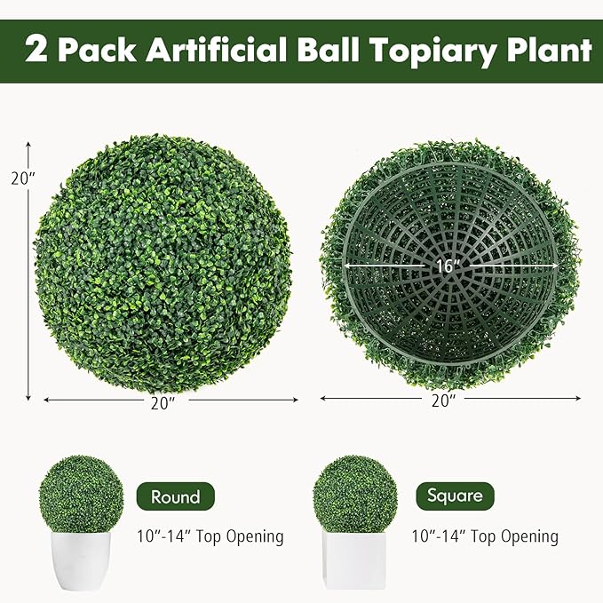 Goplus 2 PCS 20 Inch Artificial Plant Topiary Ball, Round Faux Boxwood Balls Outdoor, Fake Plant Sphere for Front Door, Porch, Backyard, Balcony, Patio, Garden, Wedding and Home Décor
