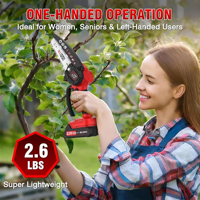 Mini Chainsaw Cordless, Upgraded 6 Inch Handheld Chain Saw Battery Powered with 2 Batteries and 3 Chains, Portable Small Electric Tree Trimmer for Wood Cutting, Courtyard and Household