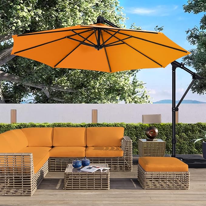 ABCCANOPY 10FT Cantilever Umbrella Offset Hanging Patio Umbrella with Base Stand Rotate and Tilt，Suitable for Garden, Lawn, Backyard(Orange)