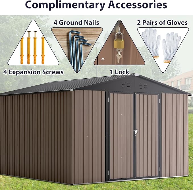 10' x 10' Metal Storage Shed for Ourdoor, Steel Yard Shed with Design of Lockable Doors, Utility and Tool Storage for Garden, Backyard, Patio, Outside use