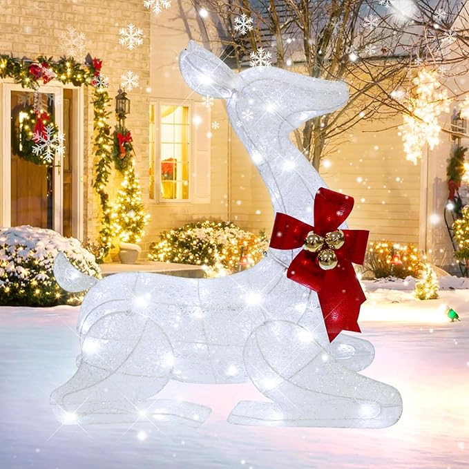 27" Christmas Deer Outdoor Decoration with Lights,3D Lighted-up Xmas White Reindeer with Red Bow and Bell Christmas Ornament,Kneeling Deer Perfect for Lawn Porch Indoor Outdoor Holiday Decor