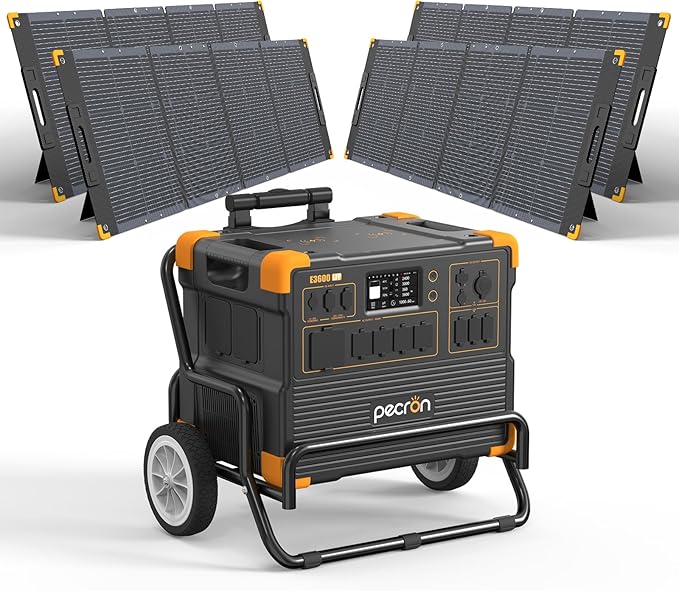 pecron E3600LFP Solar Generator 3072Wh with 4x300W Solar Panels Trolley Kit, 5x3600W AC Outlets Portable Power Station, LiFePO4 Battery Backup Expanded to 15.36KWh, Power Station for Home Use, Camping