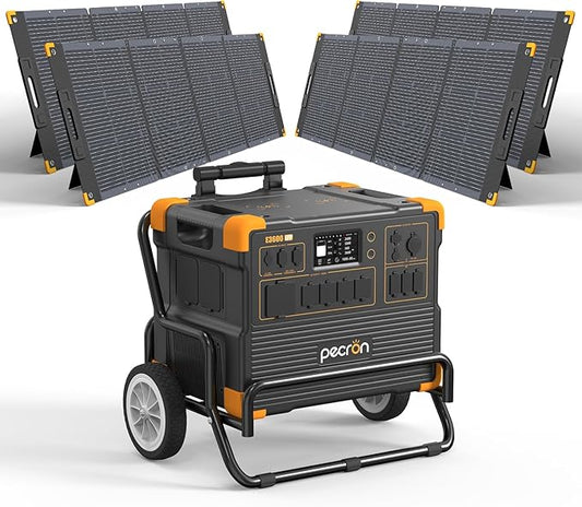 pecron E3600LFP Solar Generator 3072Wh with 4x300W Solar Panels Trolley Kit, 5x3600W AC Outlets Portable Power Station, LiFePO4 Battery Backup Expanded to 15.36KWh, Power Station for Home Use, Camping