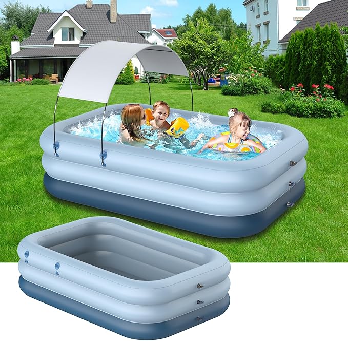 Inflatable Pool with Canopy,Upgraded 102"x67"x24" Inflatable Swimming Pool for Kids&Adults,Outdoor Blowup Pool with UV Shade&Wireless Pump,Durable Thickened Family Splash Play Center for Backyard-Blue