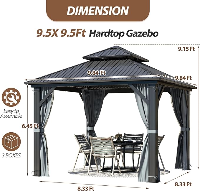 9.5' x 9.5' Hardtop Gazebo, Galvanized Steel Double Roof Gazebo with Nettings and Curtain Outdoor Aluminum Frame Vertical Stripes Roof Gazebos for Patio, Deck,Backyard