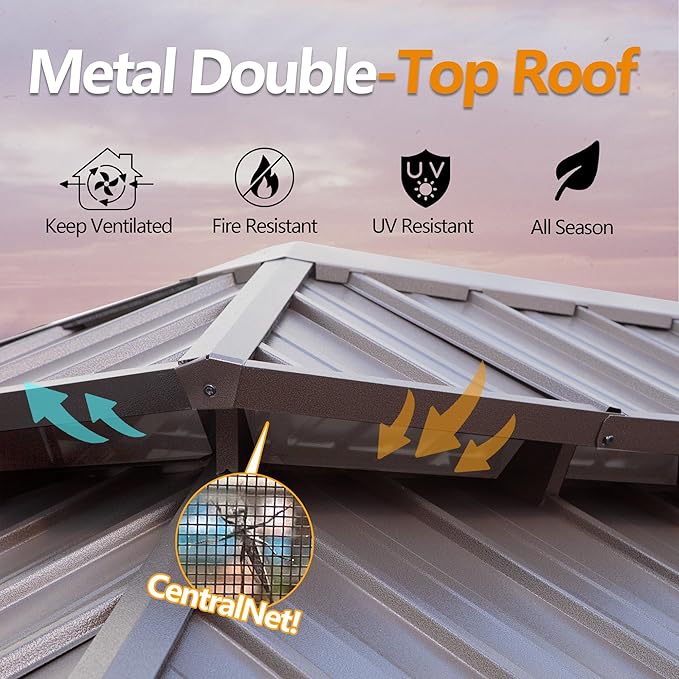 12' x 20' Outdoor Hardtop Gazebo Aluminum Frame with Double Metal Roof, Canopy Netting, Curtain, Patio Permanent Galvanized Steel Gazebo for Backyard, Garden, Party, Deck, Lawn