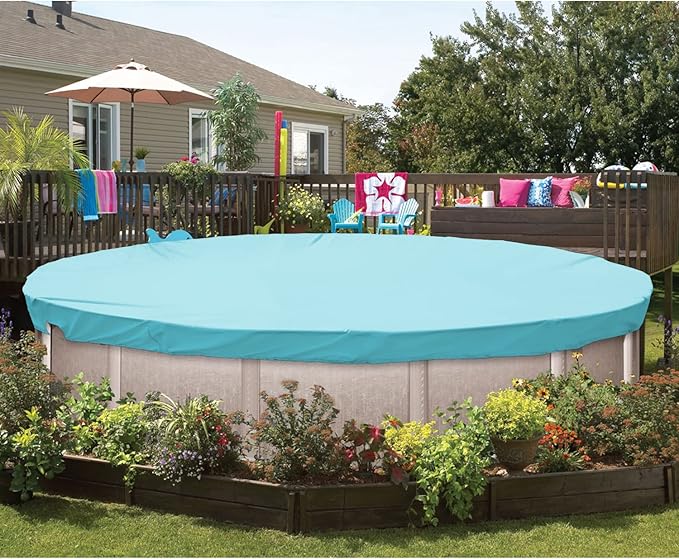 ECOOPTS 15 ft Waterproof Round Polyester Pool Cover for Above Ground Pools, Swimming Pool Cover Protector Winter Safety Cover (Turquoise)