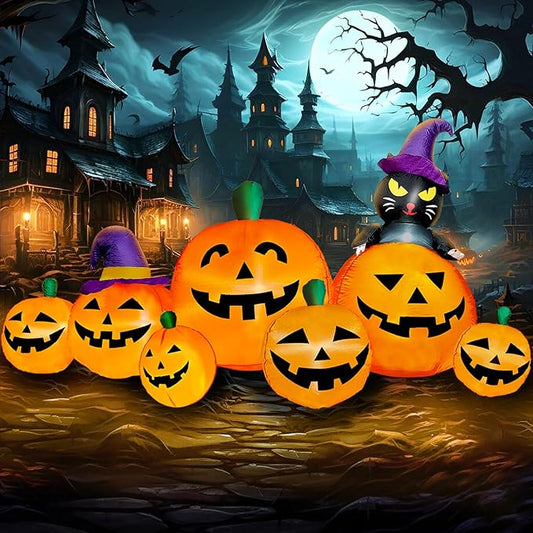 8 FT Long Halloween Inflatables Pumpkin Outdoor Decorations, 7 Pumpkins Outside Decoration with Black Cat with Build-in LEDs Blow Up Inflatables for Party Yard Lawn Garden Decor