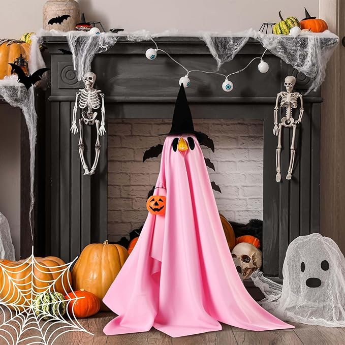Halloween Porch Goose Outfit Ghost Lawn Goose Clothes with Pumpkin Bag for 23" Disco Plastic/Cement Outdoor Patio Yard Lawn Art Decoration(Pink,Matte)