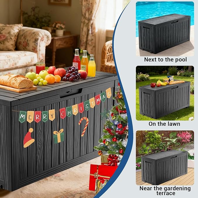Deck Box Outdoor with 75 Gallon, Rollers for Mobility, Handles Waterproof Storage Box with Lockable for Store Garden Tools Backyard, Multi-Functional Seat & Table, Black