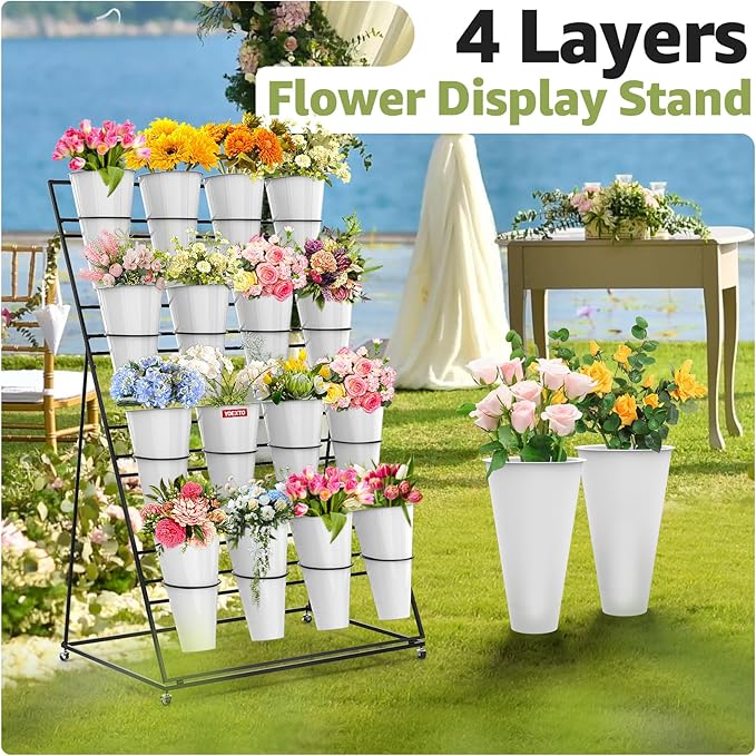 Flower Display Stand 4 Layers with 16 PCS Round Buckets, Plant Stand with Wheels, Movable Metal Plant Stand for Terrace Garden, Florist Shop