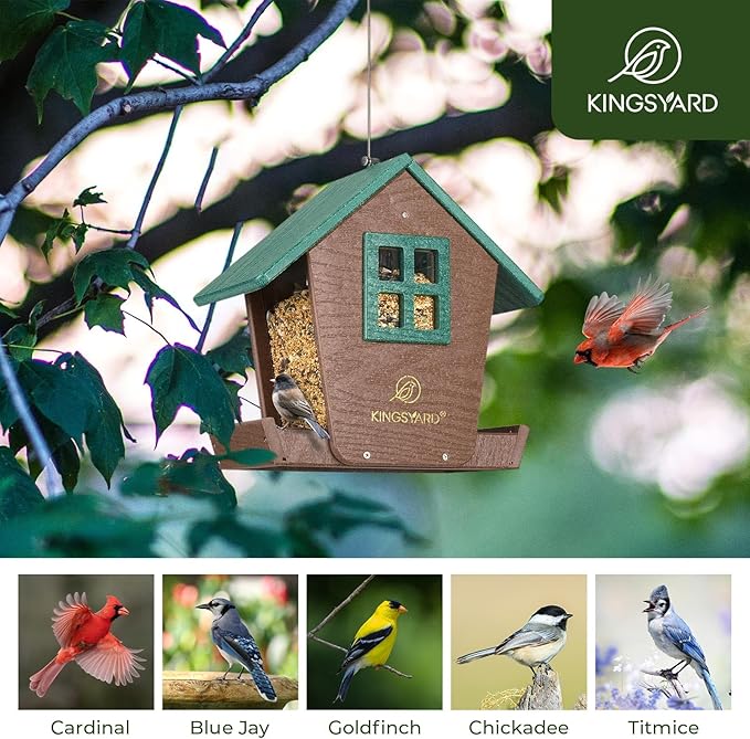 Kingsyard Bird Feeder House for Outdoors Hanging, Recycled Plastic Large Bird Feeder with Weatherproof Roof & Seed Tray for Finch Cardinal Chickadee, Large Capacity 4 lbs, Garden Yard Outside Decor