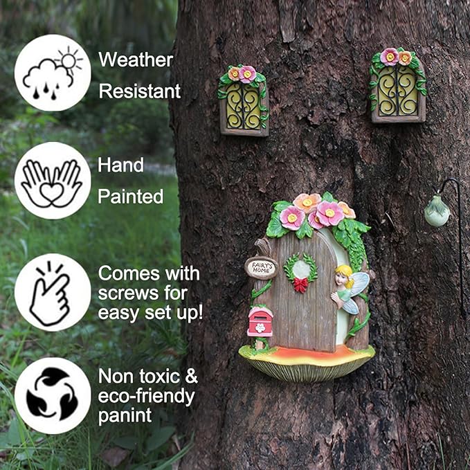 Fairy Door and Windows Garden Kit Accessories Outdoor, Glow in Dark Gnome House for Tree, Lawn Yard Art Sculpture, Miniature Garden Decor (Fairy)