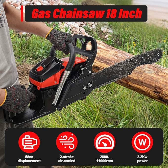 Gas Chainsaw 18 Inch, 58CC 2 Stroke Gas Powered Chainsaw, Single Cylinder Air-cooled Petrol Chain Saws Gas for Cutting Wood Outdoor Garden Farm Home