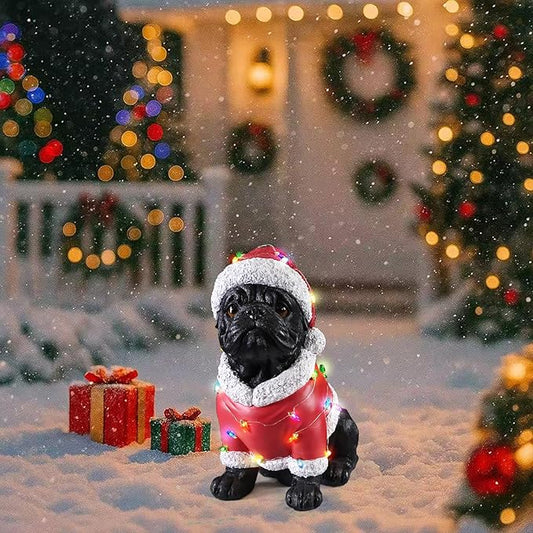 Christmas Outdoor Decoration Dog Statue, LED Light Cute English Bulldog Sculpture with Santa Outfit & Lights for Garden and Yard, Indoor Holiday Décor Gift for mom and dad