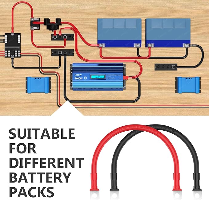 LEESKY 4 AWG Battery Cables 4 Gauge 1 Feet Pure Copper Battery Inverter Cables 3/8 Inch Terminals for Golf Cart, Power Inverter, Solar, RV, Marine