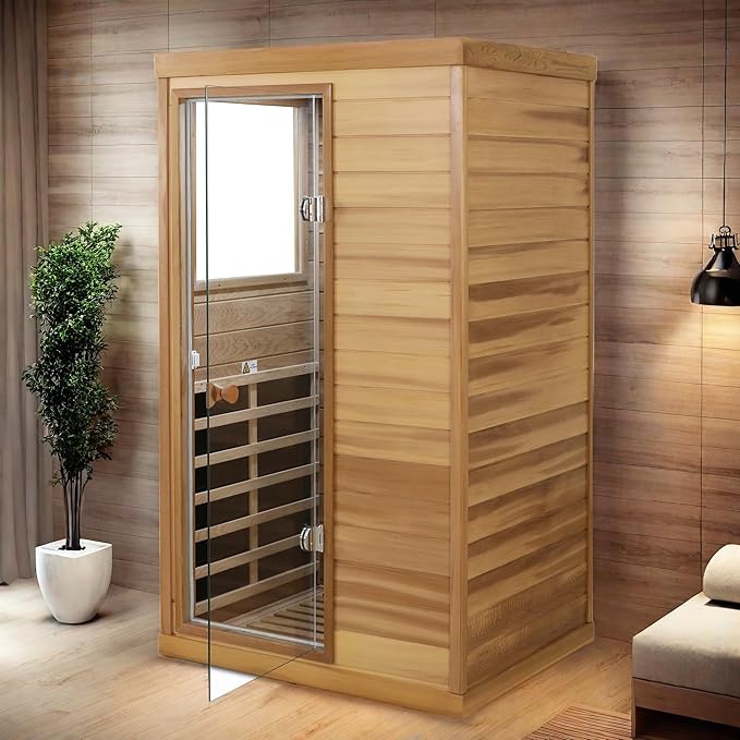 Infrared Sauna Single Person Mini Red Cedar Far Infrared Home Sauna Box with The Left Glass Door, LCD Display, BT Speaker, LED Reading Light, Natural Wood + Caramel