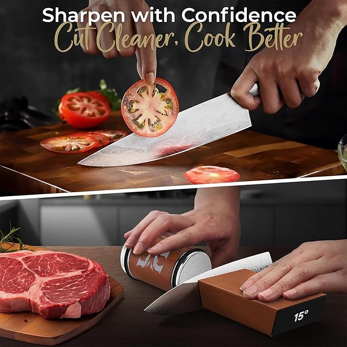 High Carbon Stainless Steel Rolling Knife Sharpener with 400, 1000 & 3000 Replacement Discs - Blunt Knife Sharpening Kit with 15 and 20 Degree Sharpening for Kitchen & Chef's Knives