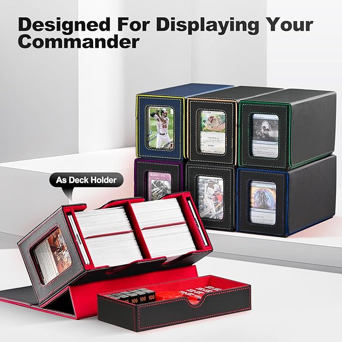 Card Deck Box for MTG, Double Storage Box with 2 Commander Display & 1 Dice Tray, Fits 200+ Double Sleeved, Organizer for CCG TCG Sports(Black Gray)