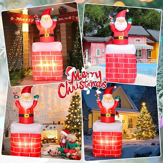 6FT Christmas Inflatables Santa Claus in The Chimney Automatic Up and Down, Outdoor Blow Up Santa Claus Yard Decorations Built-in LED Lights, Indoor Yard Party Lawn Garden Holiday Decor
