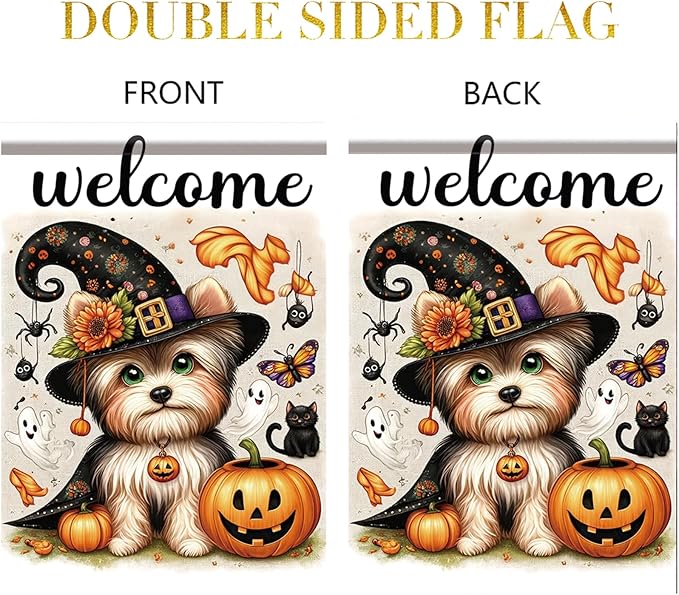 Halloween Garden Flag Yorkshire Terrier Flag 12x18 Inch Welcome Dog Pumpkin Yard Banner Double Sided Outdoor House Decor with Ghosts Black Cat for Fall Lawn Holiday Seasonal Decoration