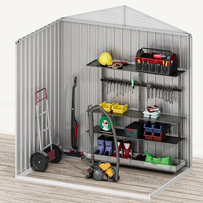 DWVO 6x4ft Storage Shed for Outdoors, Metal Sturdy Weatherproof Tool Locker with Secure Door and Ventilation for Equipment, Mowers, Bikes, Outdoor Spaces, Brown