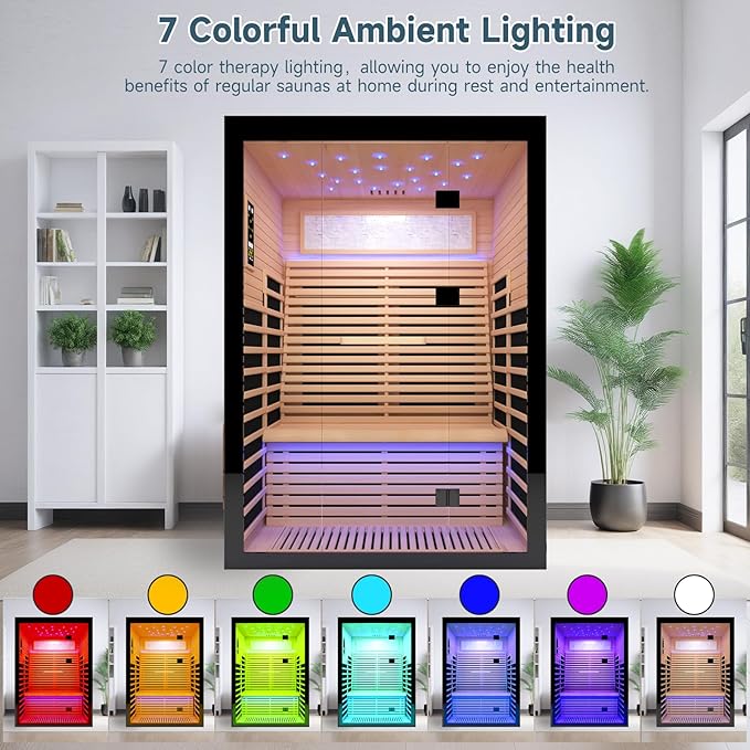 Far Infrared Home Sauna Room,2160W 7 Color Light Therapy Lamp Dry Saunas for Home,Infrared Sauna 2-3 Person,Canadian Hemlock Indoor Sauna Spa with Oxygen Bar,Starry Night Light Canopy