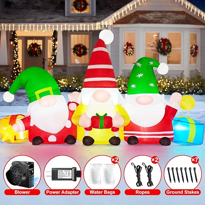 Danxilu 6 FT Christmas Inflatable 3 Gnomes Outdoor Decoration Blow Up Gnomes with Gift Boxes & Star Built-in LEDs Christmas Inflatable Yard Decorations for Outside Holiday Patio Garden Party
