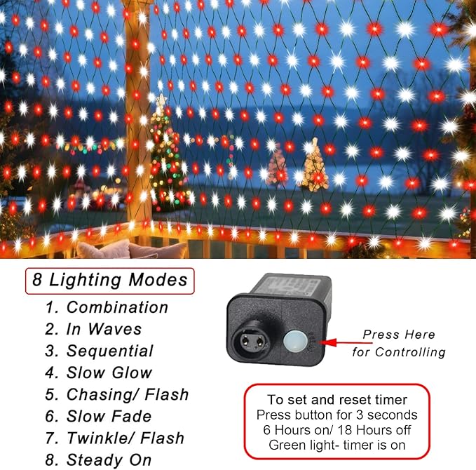 Pooqla Christmas Net Lights, 300LED Outdoor Net Mesh Lights, 14.8x4.9 ft Fairy String Lights 8 Modes Green Wire, Connectable Waterproof Decorative for Bushes Tree Garden Halloween, Red and White