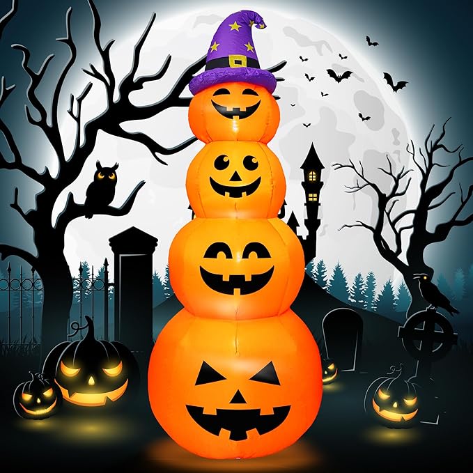DearSun 8FT H Halloween Inflatable Stacked Pumpkins with Witch’s Hat, Blow up 4 Pumpkins Inflatable with Build-in LED Lights Outdoor Decorations Large Party Yard Decoration